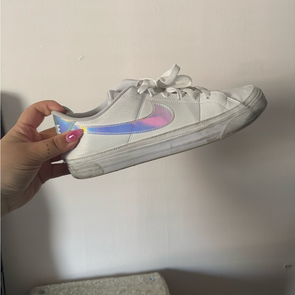 Nike White Sneakers with Iridescent Swoosh